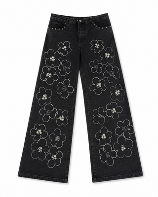 Black Embellished Floral Wide Leg Jeans
