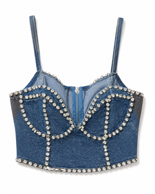 Denim Crystal Embellished Bustier Top