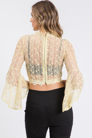 Yellow Lace Ruffle Sleeve Crop Top