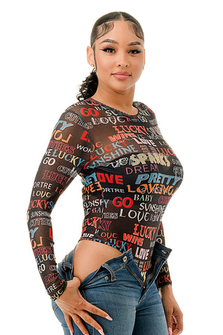 Black Multi Print Long Sleeve Bodysuit