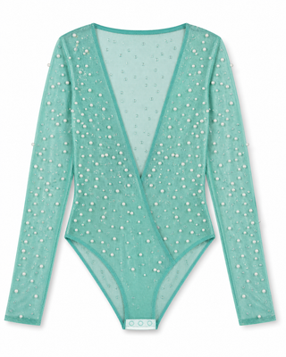 Aqua Pearl Embellished Mesh Bodysuit