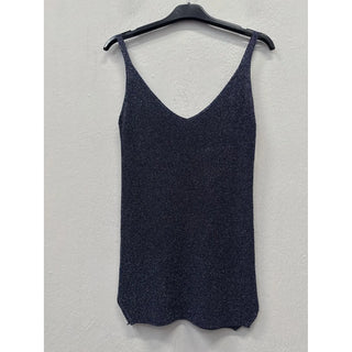 Black metallic shimmer knit cami tank top with a deep V-neckline and slim straps displayed on a hanger.