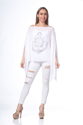 Style the White Chiffon Rhinestone Anchor Scarf Top exclusively at Born To Glam