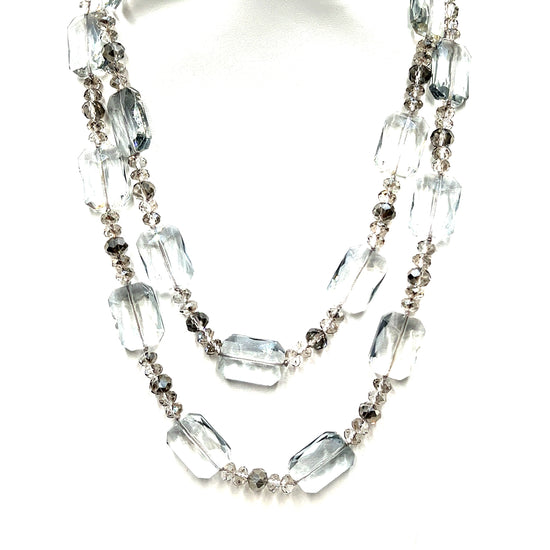 Smoked Silver Rectangle Crystal Long Necklace - Born To Glam