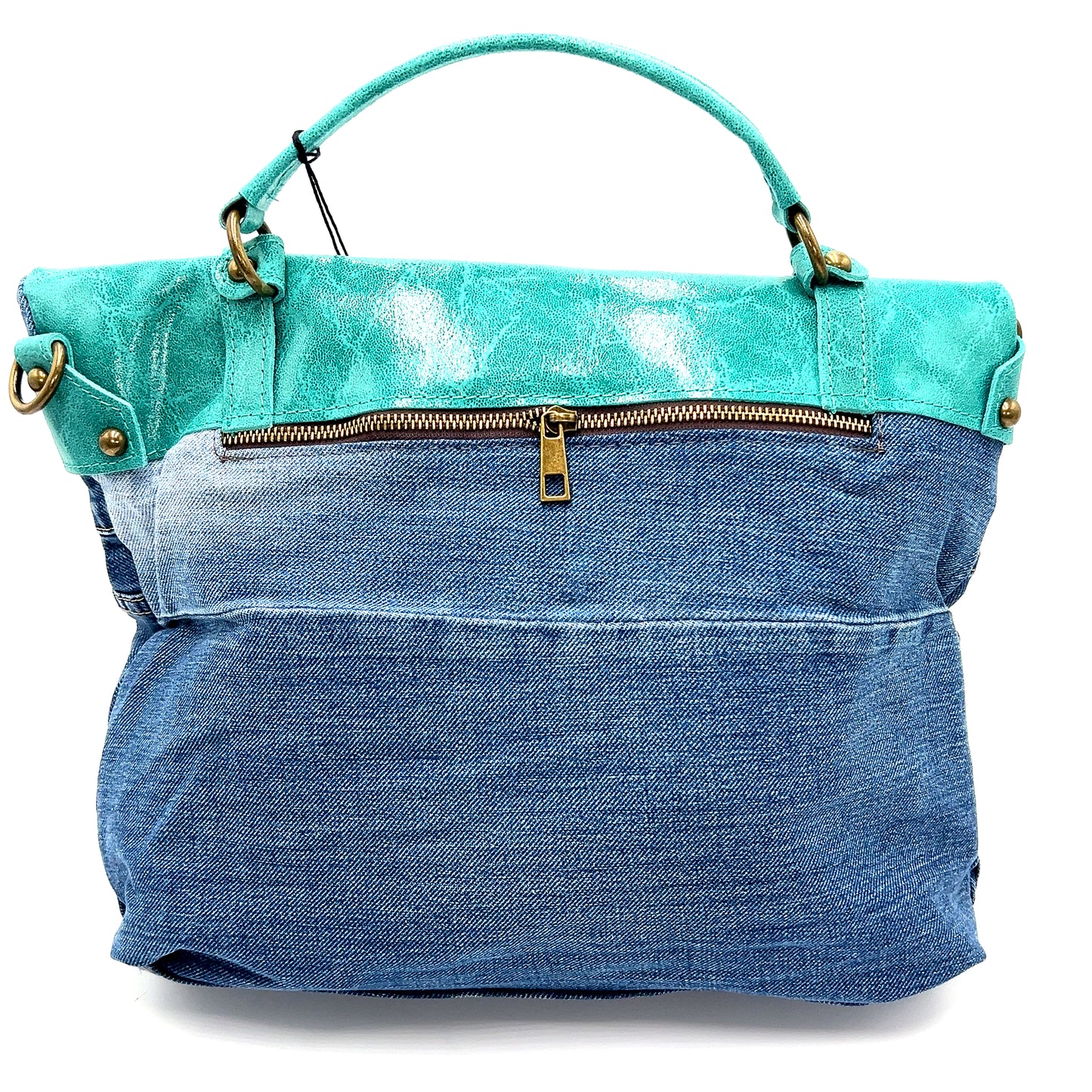 Turquoise Leather Top Denim Purse - Born To Glam