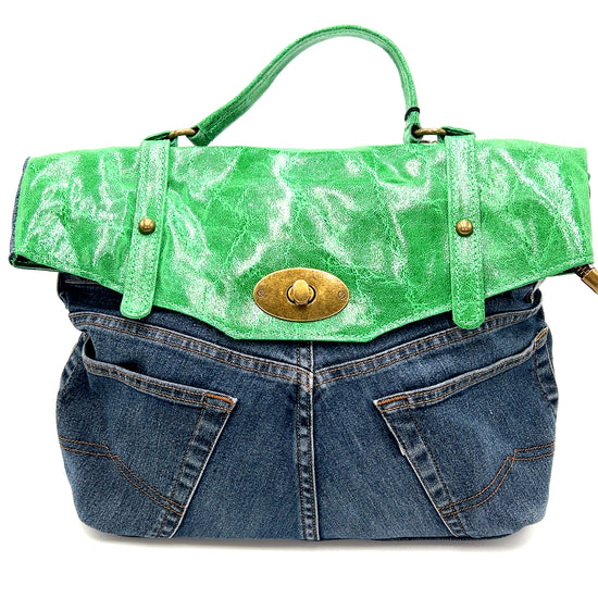 Green Leather Top Denim Purse - Born To Glam