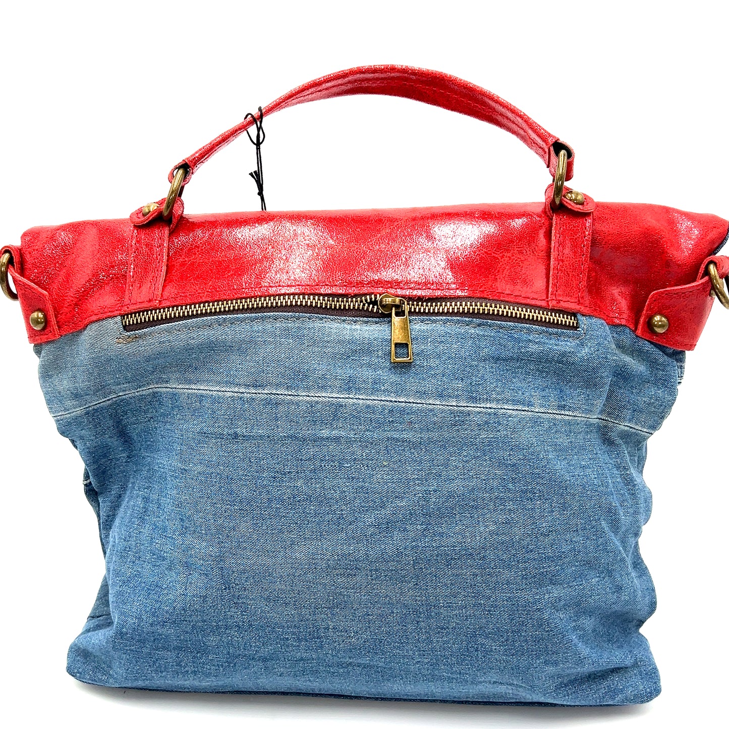 Red Leather Top Denim Purse - Born To Glam