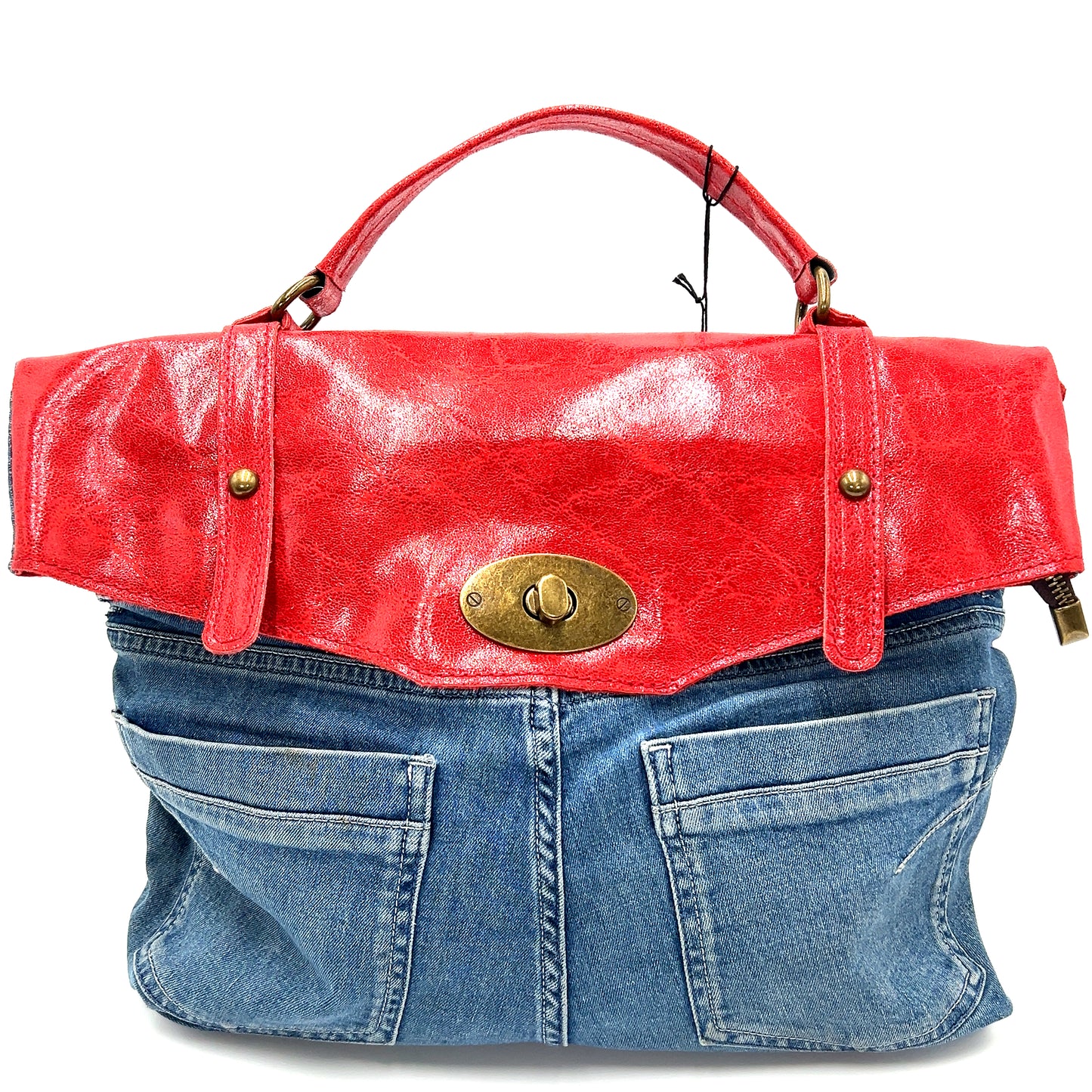 Red Leather Top Denim Purse - Born To Glam