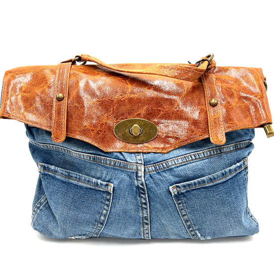 Camel Leather Top Denim Purse - Born To Glam