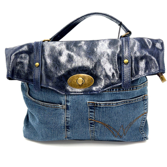 Navy Blue Leather Top Denim Purse - Born To Glam