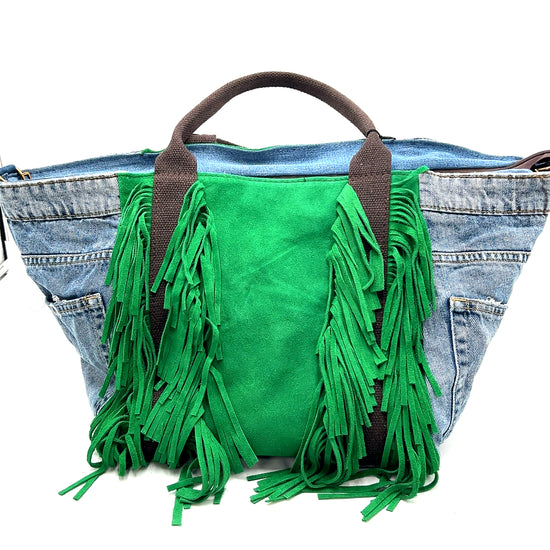 Green Denim Suede Fringe Crossbody Bag - Born To Glam