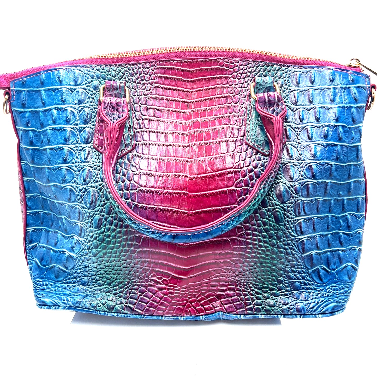 Turquoise Fuchsia Vegan Leather Crocodile Print Handbag