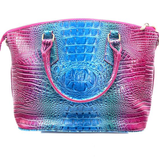 Fuchsia Turquoise Vegan Leather Crocodile Print Handbag