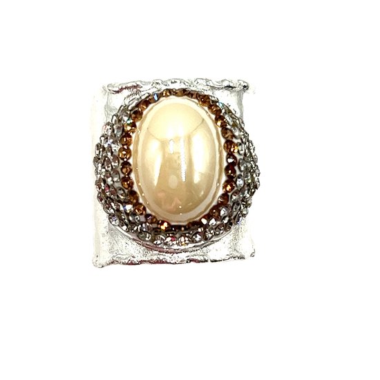 Glass Pearl Adjustable Silver Ring