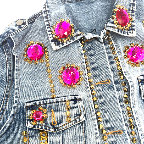 Hot Pink Crystal Studded Denim Jacket