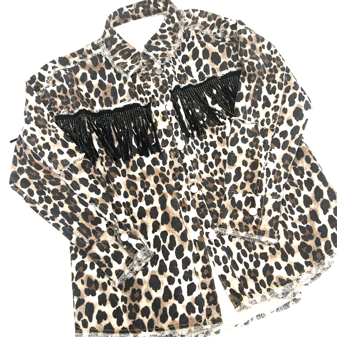 Black Crystal Fringe Leopard Denim Jacket