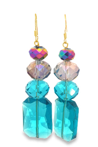 Colorful beaded earrings with gold hooks on a white background