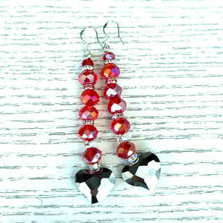 Silver Red Heart Drop Earrings