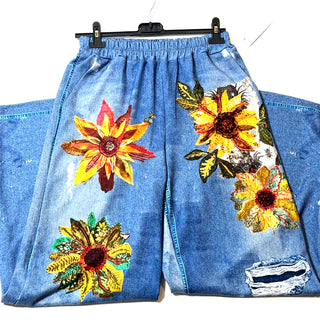 Denim Floral Palazzo Pants