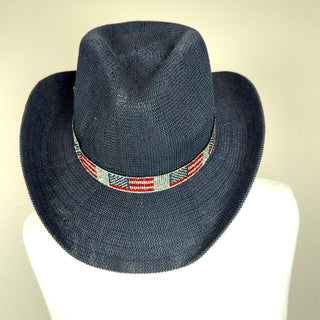 Navy Americana cowboy hat with a structured western crown, upturned brim, and sparkling rhinestone beaded band in red, white, and blue.