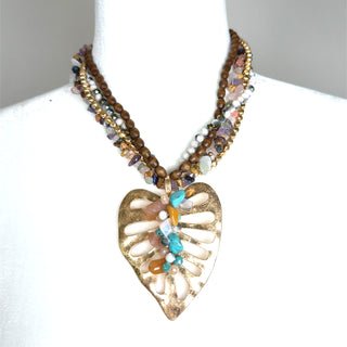 Gold-tone short beaded necklace with mixed gemstone-style beads and a detailed filigree heart pendant.