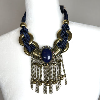 Navy & Gold Tassel Fringe Short Necklace