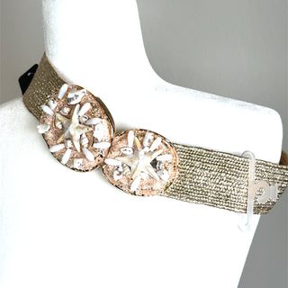 Style the Gold Metallic Stretch Seashell Buckle Belt exclusively at Born To Glam