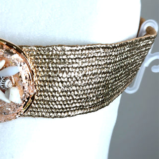 Style the Gold Metallic Stretch Seashell Buckle Belt exclusively at Born To Glam
