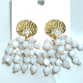 White Beaded Golden Shell Earring