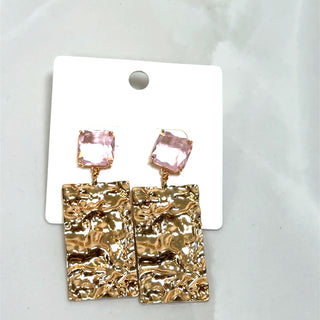 Pink Molten Gold Statement Earrings with clear crystal studs and hammered gold rectangular drop charms.