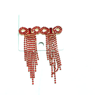 Red Rhinestone Bow Fringe Earrings