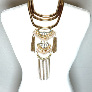 Gold Pearl Chain Statement Necklace and Earrings Set