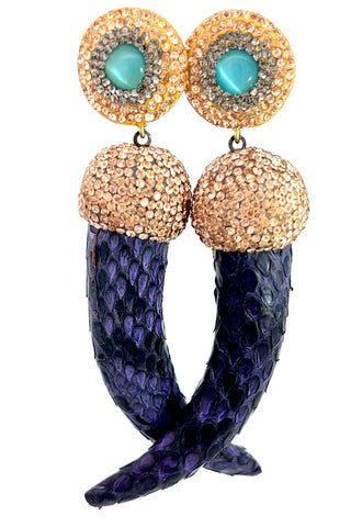 Purple Leather and Crystal Horn Dangle Earring - Born To Glam