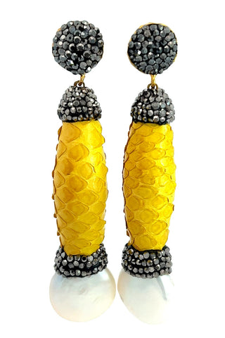 Yellow Python Print Crystal and Pearl Drop Earring - Born To Glam