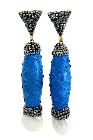 Royal Blue Python Print & Pearl Drop Earring - Born To Glam