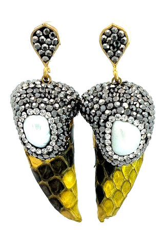 Yellow Python Print Leather & Pearl Crystal Earring - Born To Glam