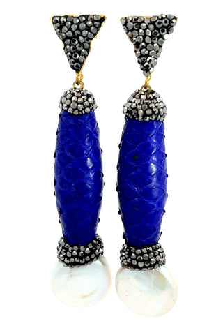Blue Python Print Leather & Pearl Drop Earring - Born To Glam