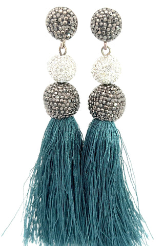 Silver & Hematite Crystal Teal Thread Tassel Earring - Born To Glam