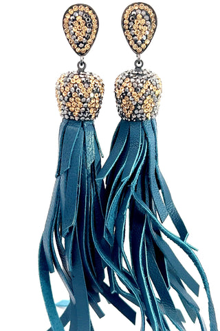 Gold & Silver Crystal Teal Leather Tassel Earring - Born To Glam