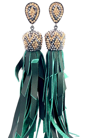 Gold & Silver Crystal Green Leather Tassel Earring - Born To Glam