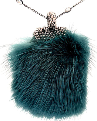 Teal Luxe Fur Crystal Pendant Sterling Silver Necklace - Born To Glam