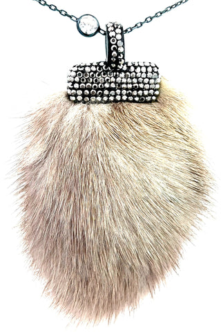 Gray Luxe Fur Crystal Pendant Sterling Silver Necklace - Born To Glam