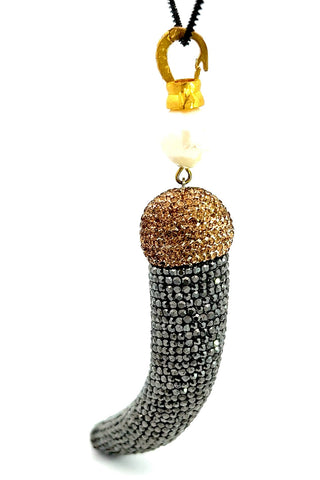 Dual Tone Crystal Horn Pendant Long Necklace - Born To Glam