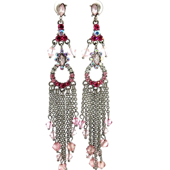 Pink Crystal & Silver Long Fringe Circle Earring - Born To Glam