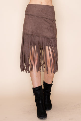 Chocolate Brown Suede Fringe Skirt
