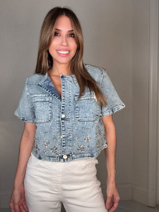 Blue Embellished Cropped Jacket