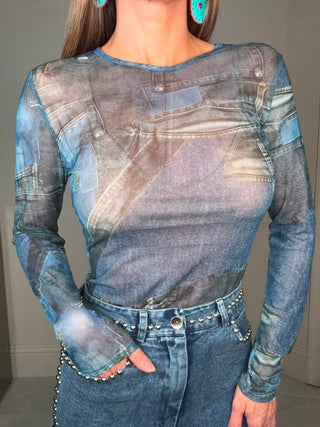 Blue Denim Print Mesh Long Sleeve Top