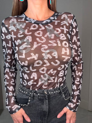 Black Crystal Embellished Mesh Long Sleeve Top