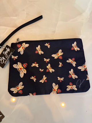 Navy Bee Print Wristlet Bag