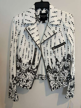 White Baroque Dot Print Moto Jacket